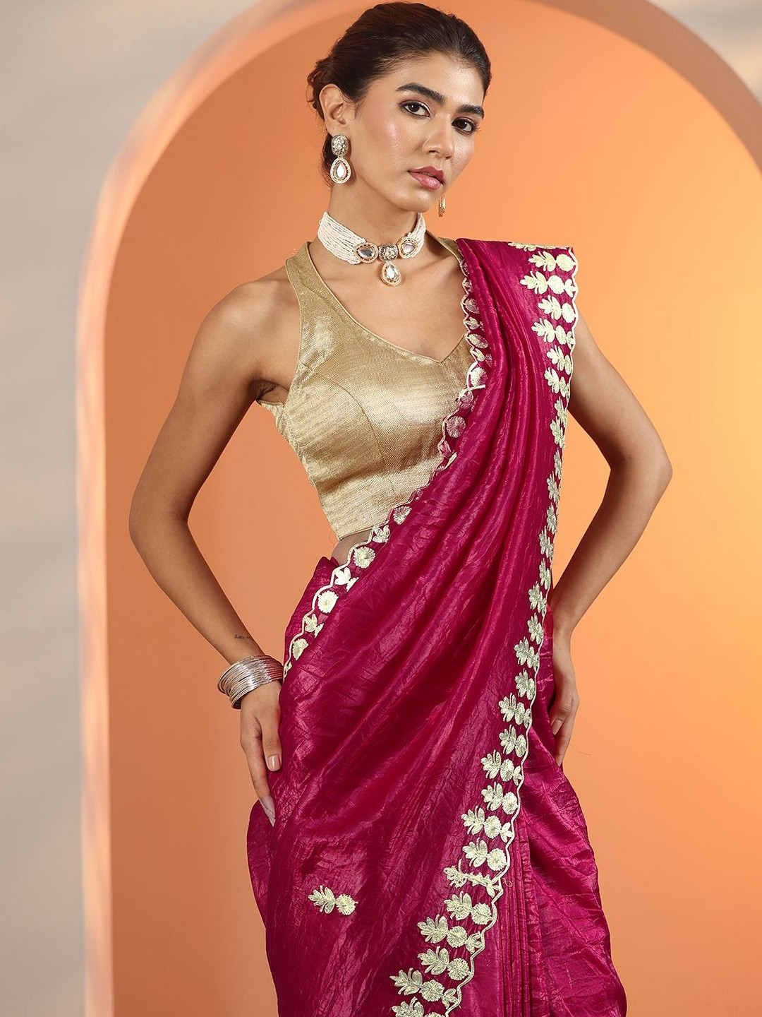 Libas Pink Embroidered Jimmy Choo Organza Saree With Unstitched Blouse Piece