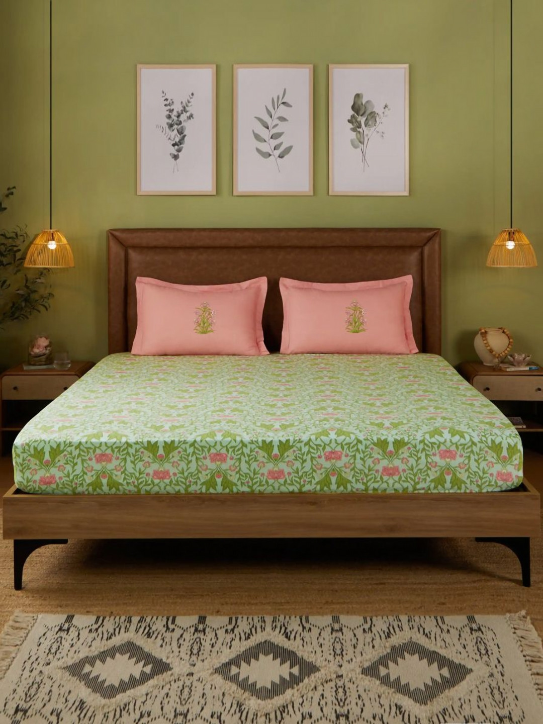 LIVSPACE Pink Chippa Lane Floral Printed Cotton Fitted 144TC King Bedsheet 1.98 M X 1.82 M