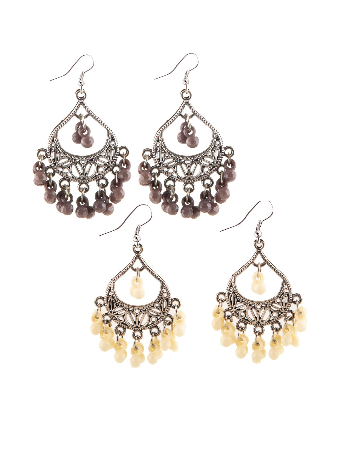Set of 2 Oxidized Silver-Toned Chandbali Earrings with Grey & Cream Beads & Girls