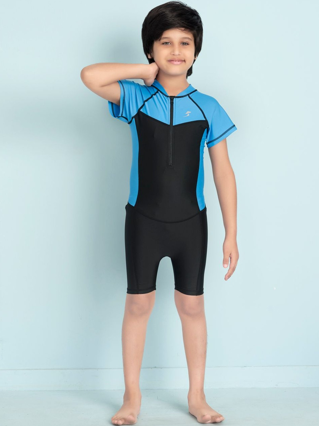 Muhuratam Boys Black And Blue Solid Nylon Short Sleeves Sports Wear Swim Suit