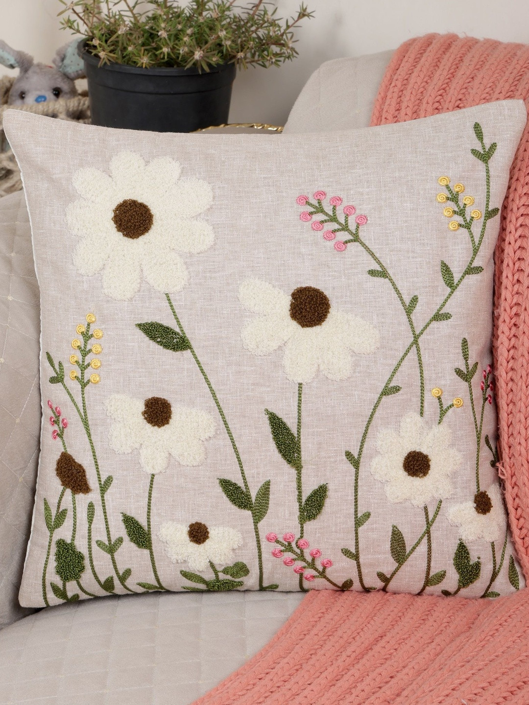 MONKDECOR Beige Floral Embroider Linen Square Cushion Cover