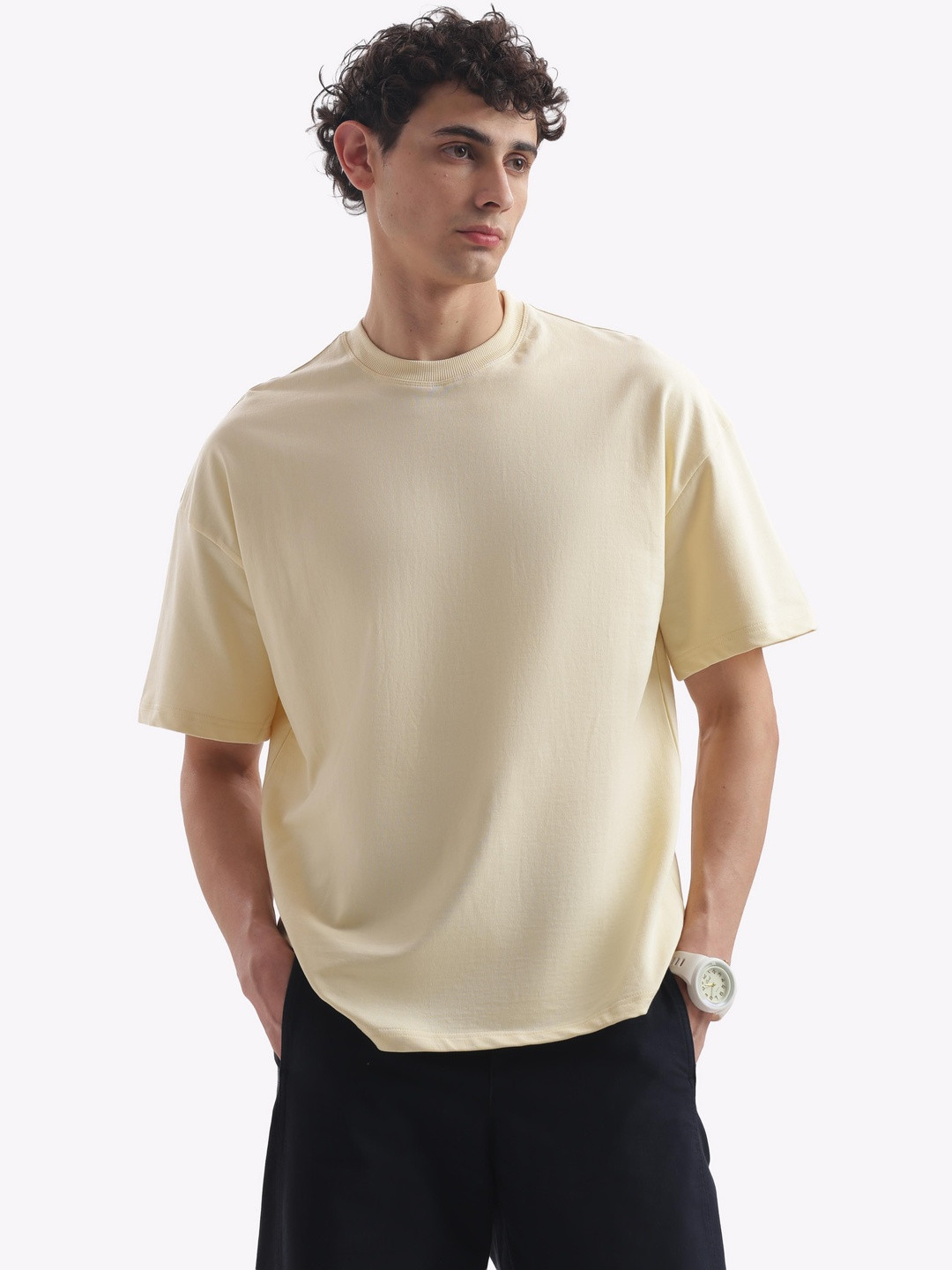 IMUCI Round Neck Drop-Shoulder Sleeves Cotton Oversized T-shirt