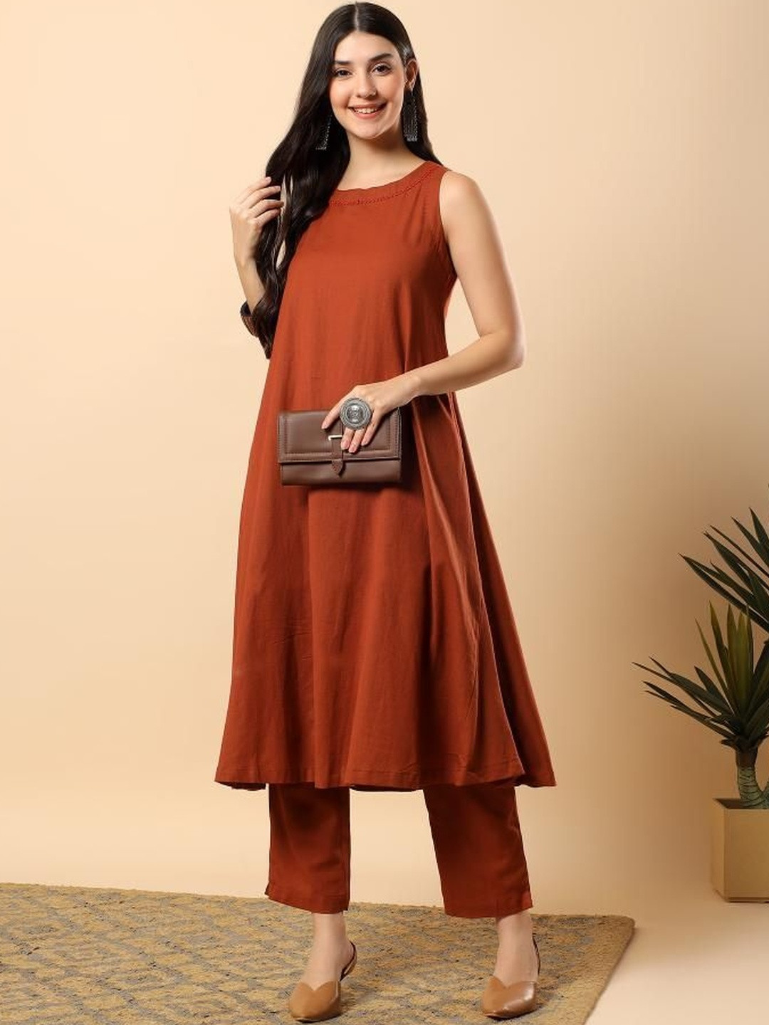 Brown Cotton Flex Solid & Hand Embroidery Work Kurta With Trousers Set