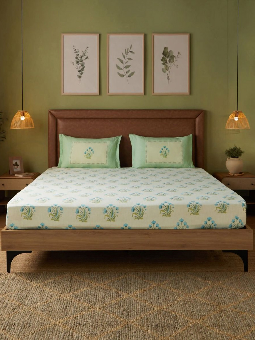 LIVSPACE Green & White Ethnic Motifs 144 TC Queen Bedsheet with 2 Pillow Covers