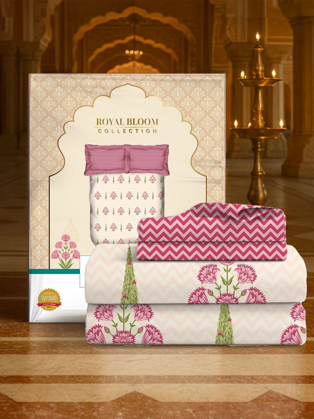 MYTRIDENT Royal Bloom Pink Printed 144 TC Cotton Double Queen Bedsheet Set 2.28 m x 2.54 m