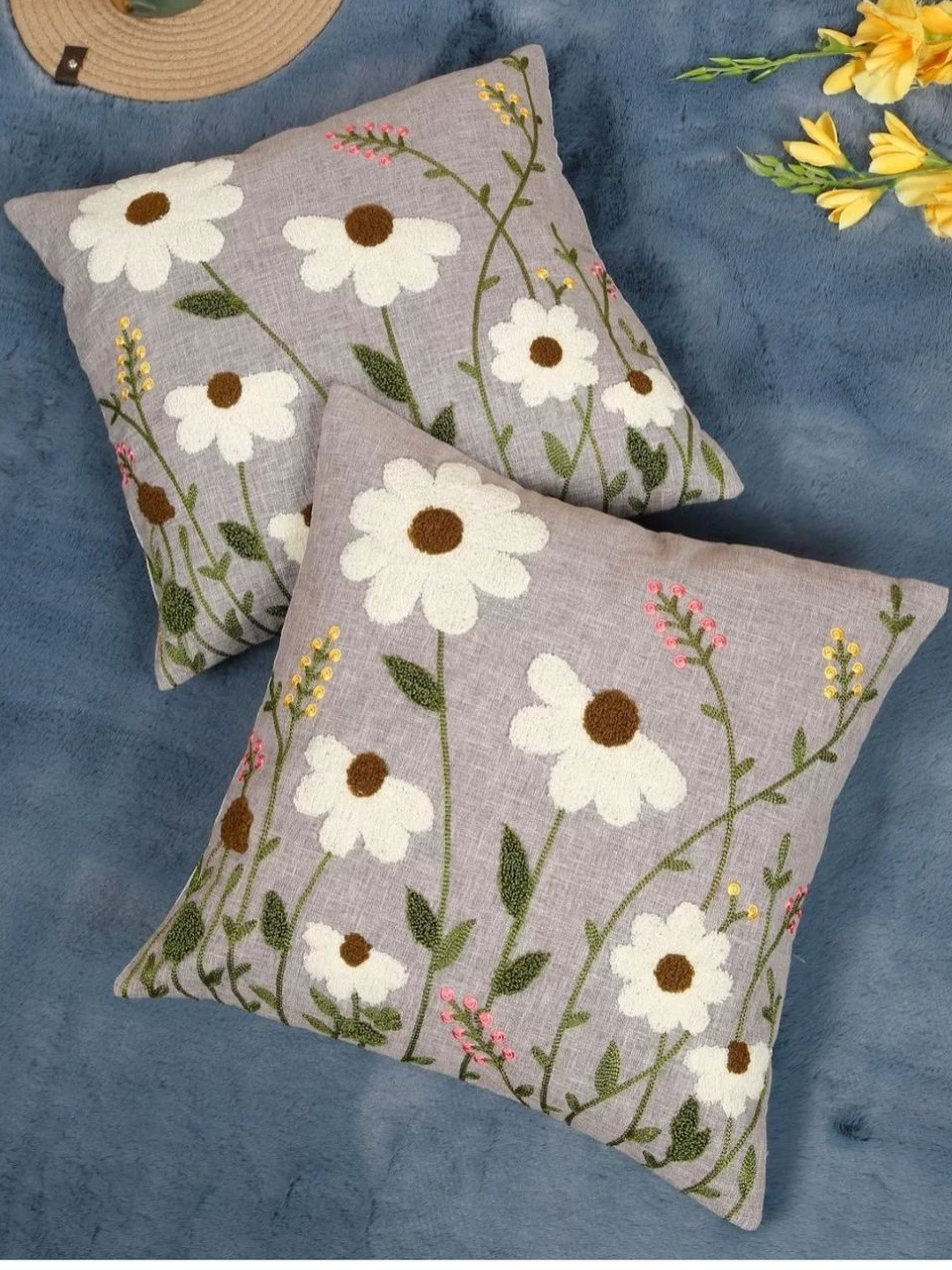 Boho Garden Embroidered, Grey Cushion Cover 2 Pieces