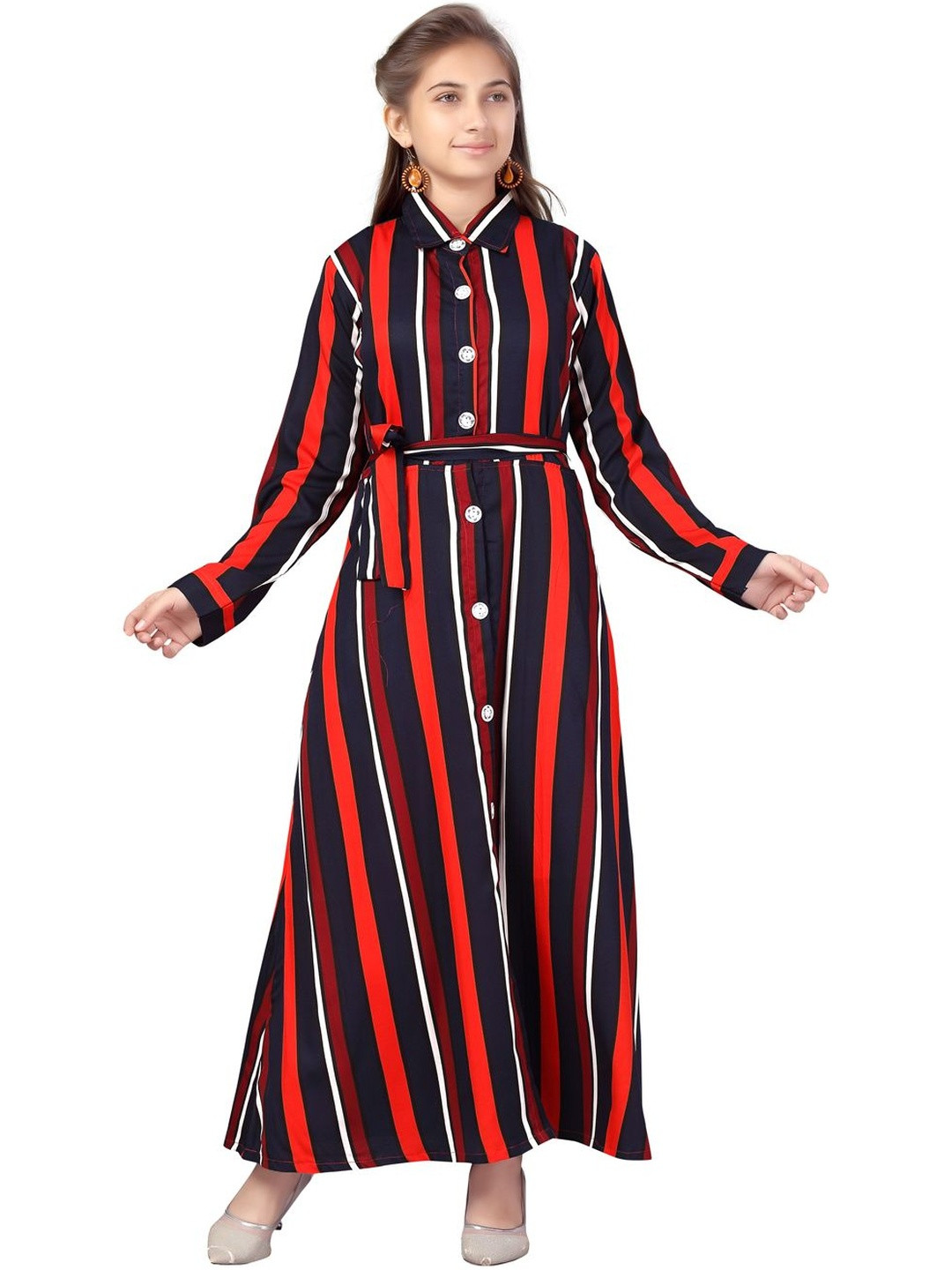 Muhuratam Girls Striped Belted Shirt Collar Long Sleeve Fit and Flare Dress