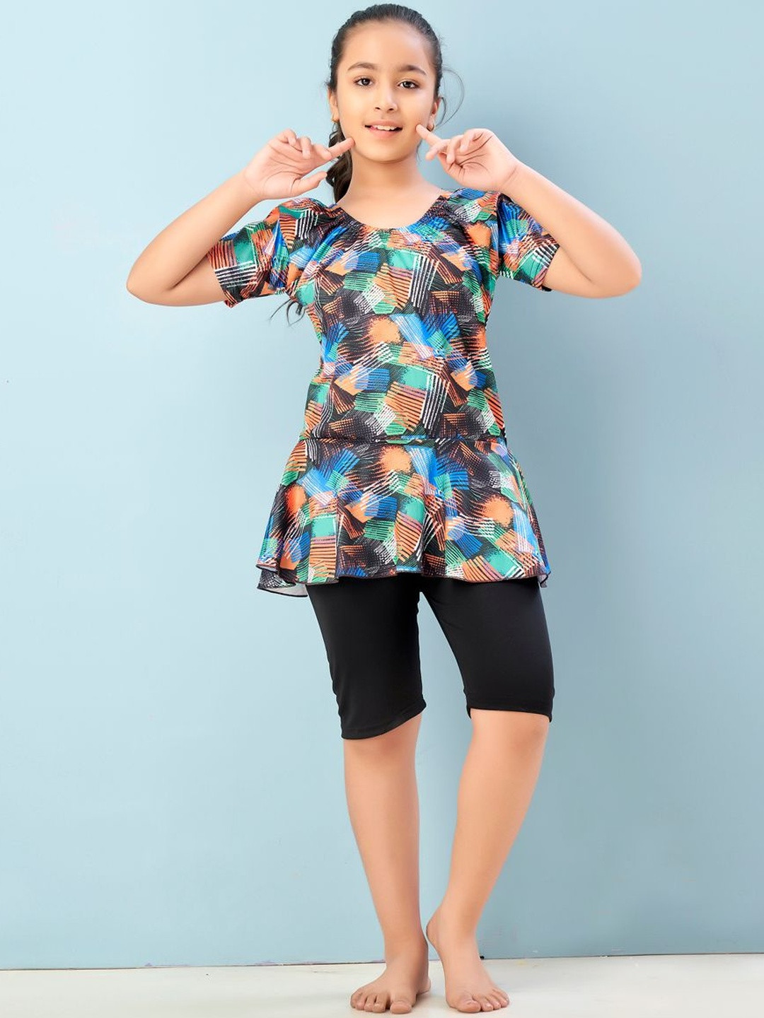 Muhuratam Girls Sports Wear Orange-Black Colour Abstract Print Nylon Swim Suit