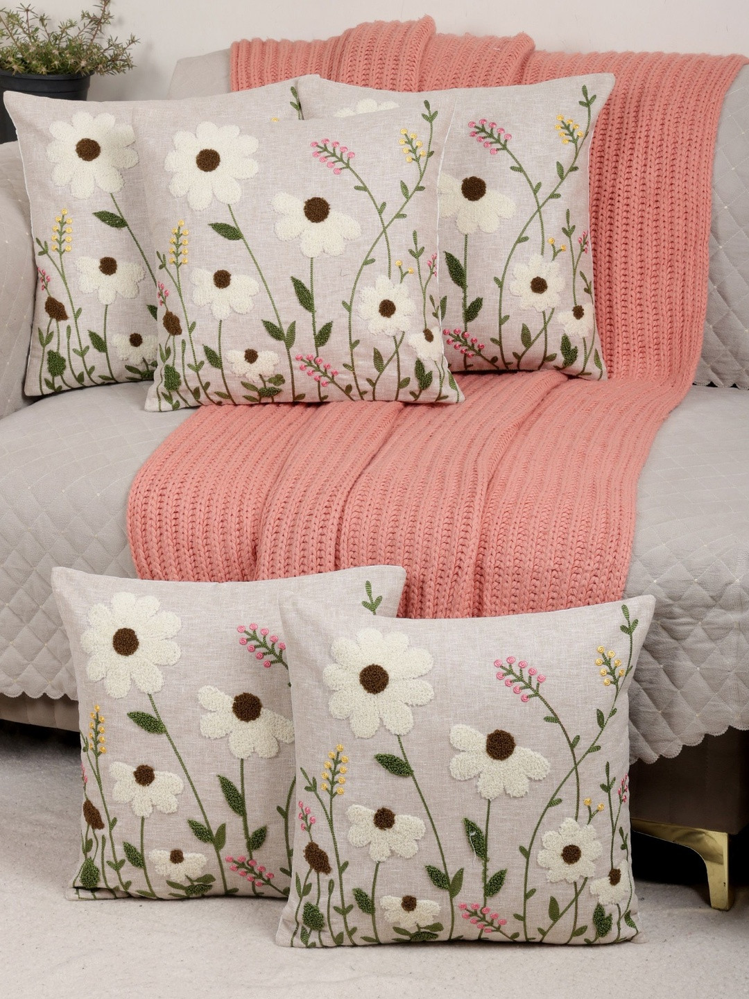 Boho Garden Embroidered, Beige Cushion Cover 5 Pieces