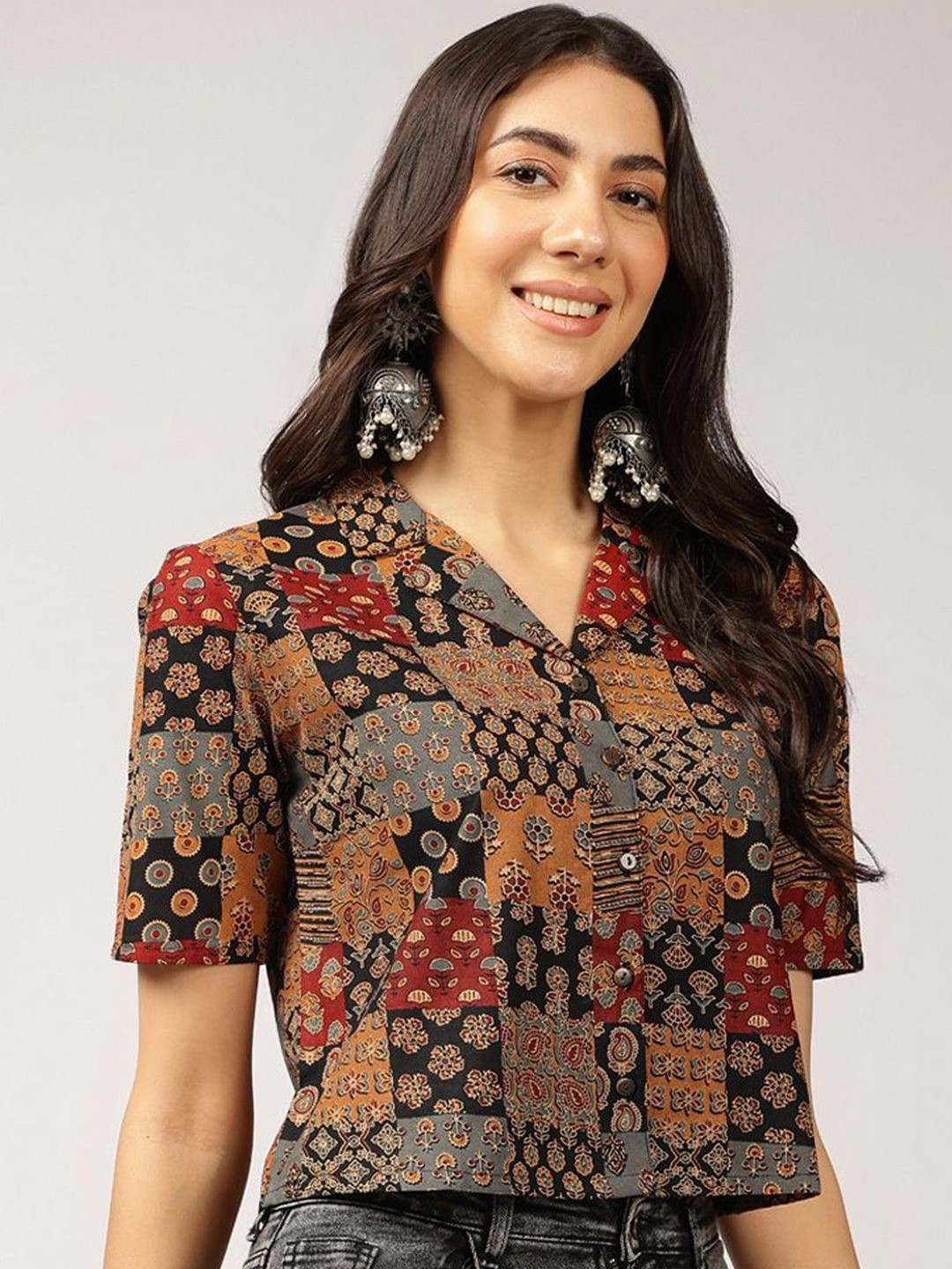 KALINI Black & Multi Colored Ethnic Printed Cuban Collar Pure Cotton Shirt Style Top