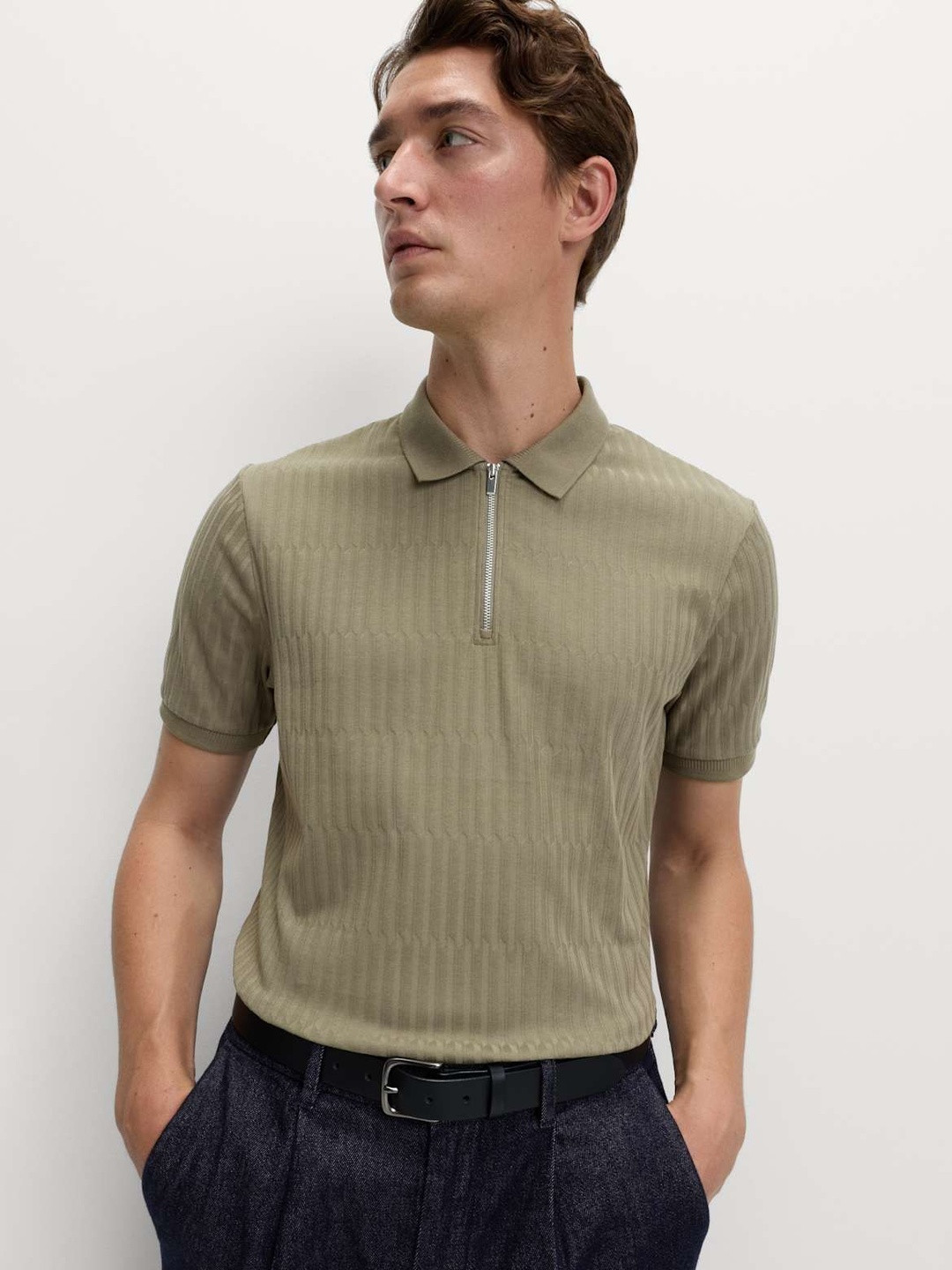 Marks & Spencer Cotton Rich Jacquard Zip Up Polo Shirt