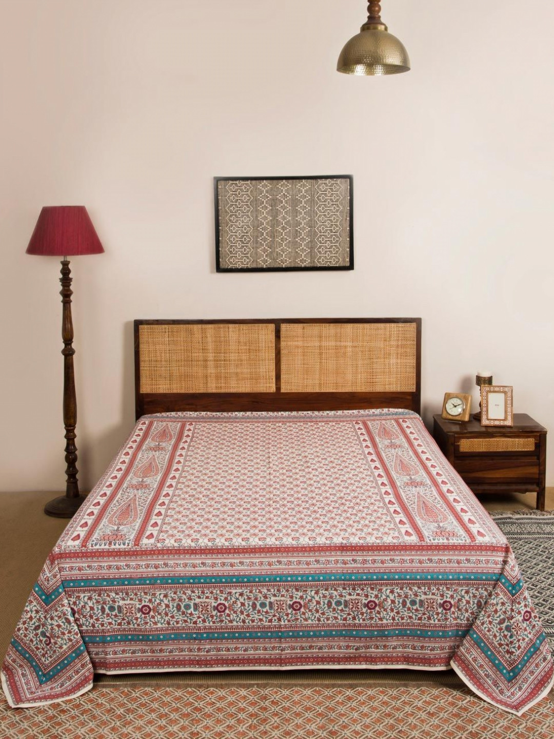 Fabindia Pink & Green Anar Motifs Printed Cotton Single Bed Cover