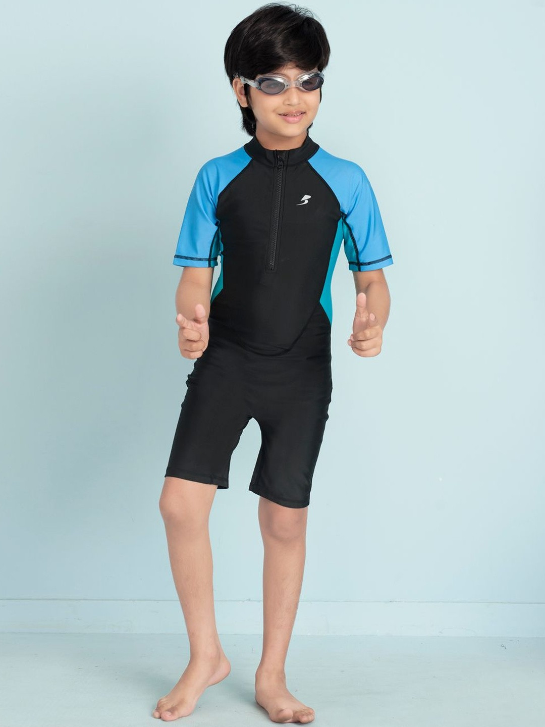 Muhuratam Boys Sports Wear Black-Sky-Blue Colour Solid Swim Suit