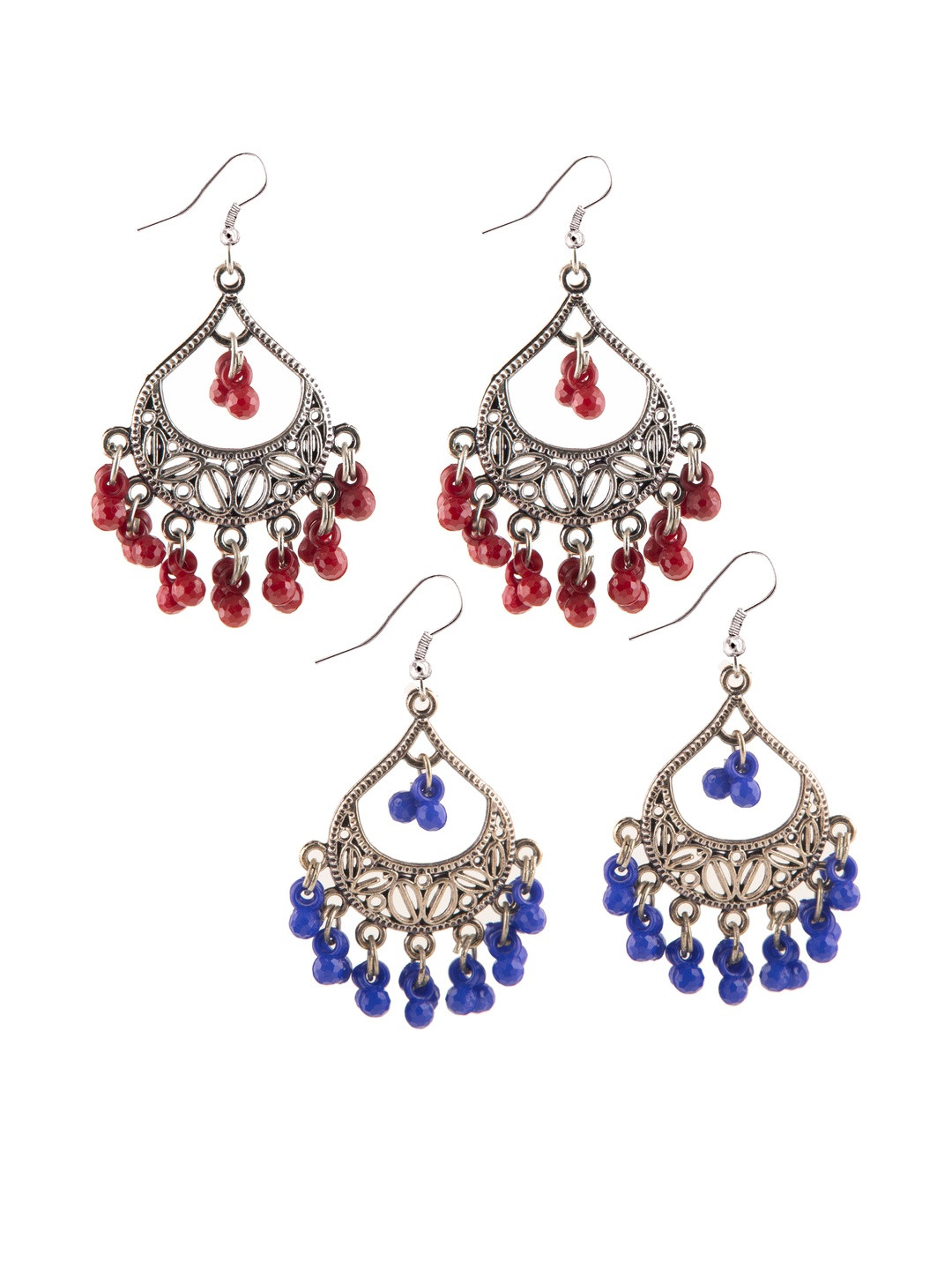 Set of 2 Oxidized Silver-Toned Chandbali Earrings with Maroon & Blue Beads & Girls