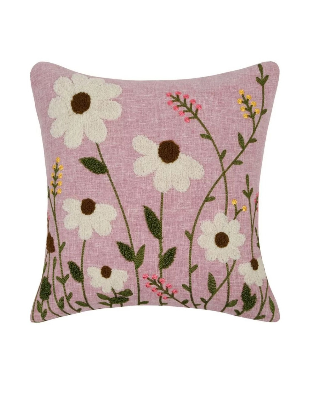 MONKDECOR Pink And White Floral Embroidered Square Cushion Cover
