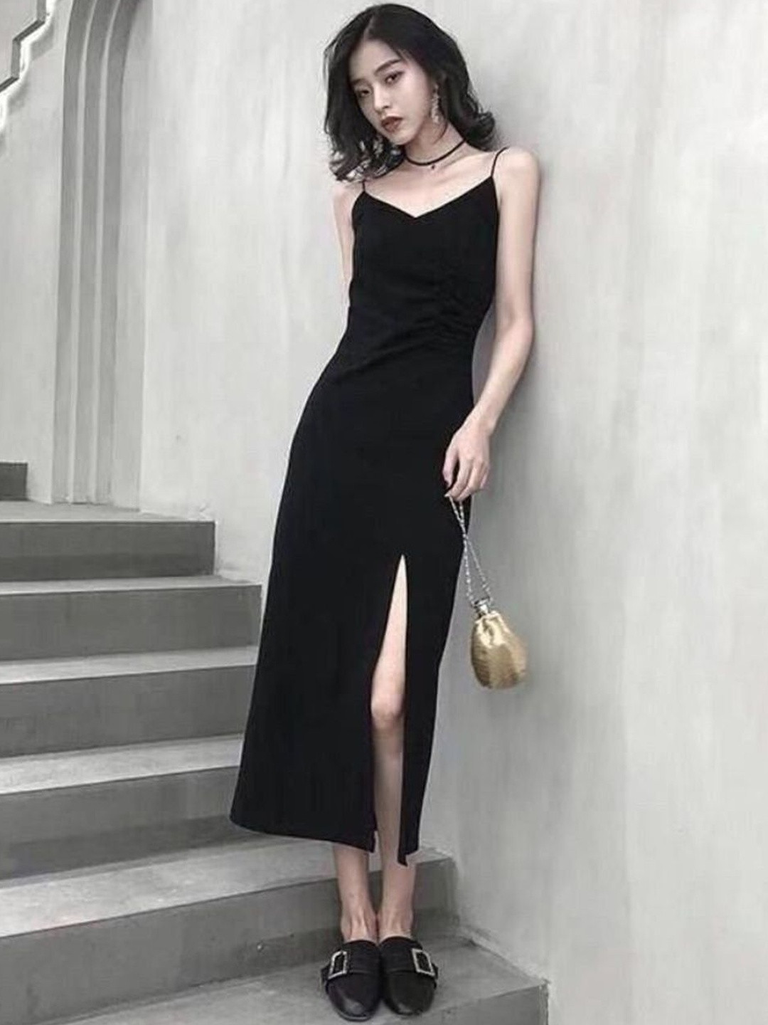 HERE&NOW Women Black Shoulder Straps Slits Detail Sheath Dresses