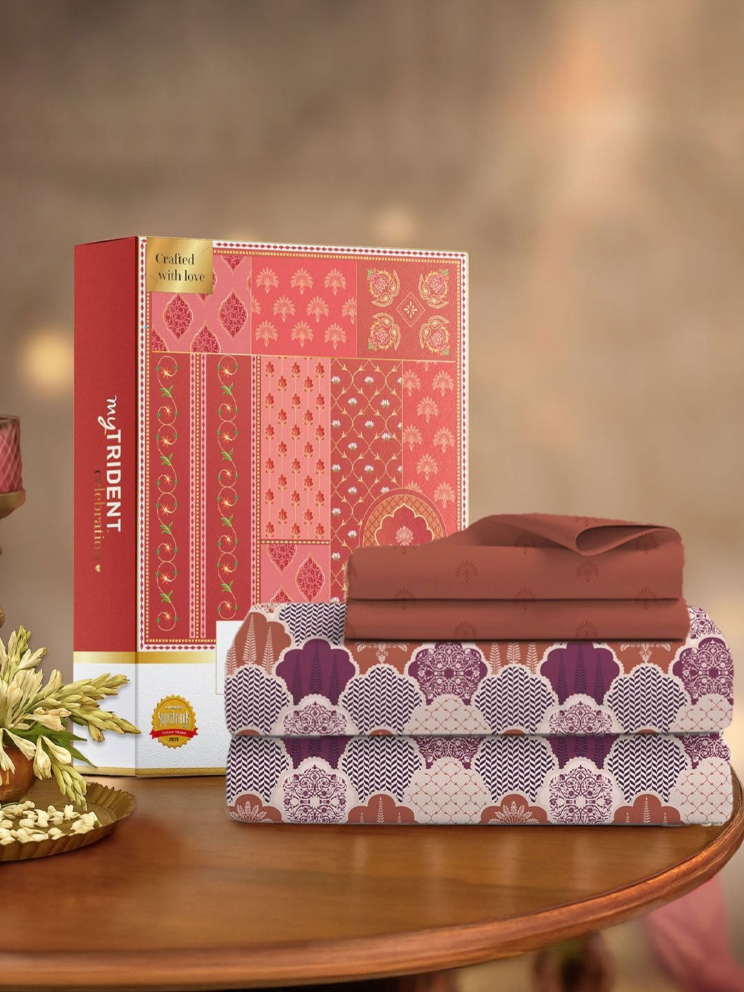 MYTRIDENT Rust & Purple Floral 144 TC Cotton Double Queen Bedsheet Set 2.28 m x 2.54 m