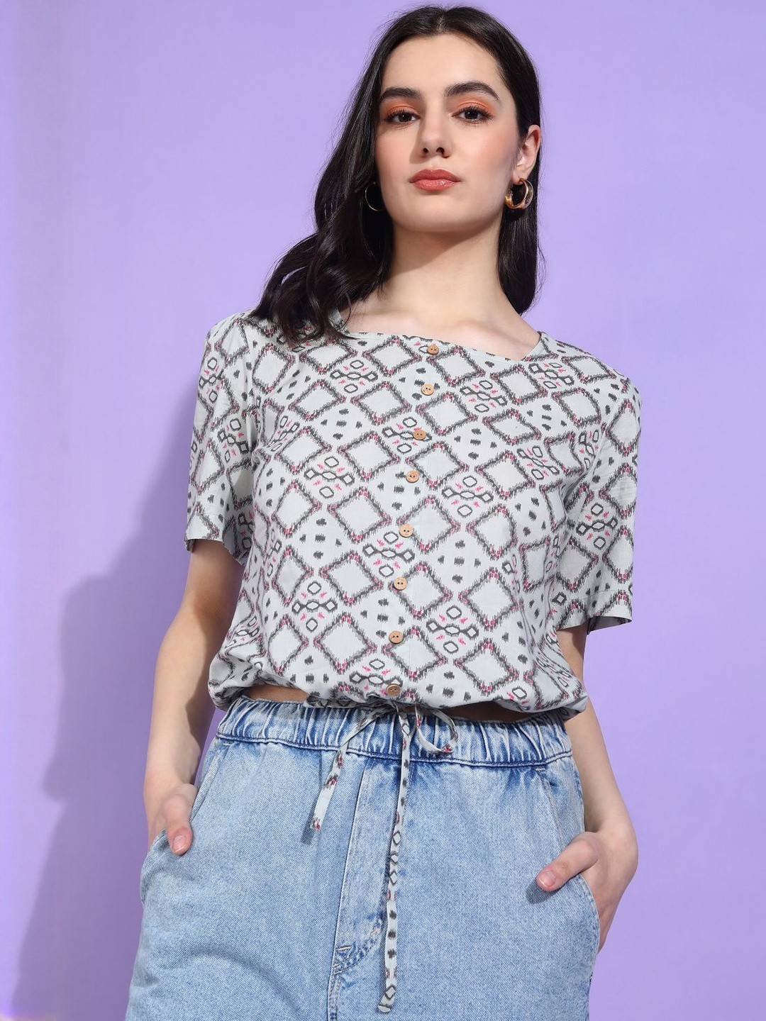 KALINI Women's Cotton Geometrical Print Waist Lengtth Short Sleeves Regular Fitted Top (Grey)