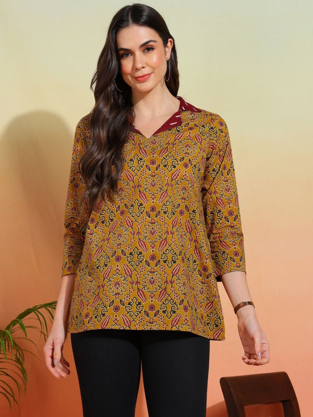 KALINI Women's Cotton Ajrakh Print Waist Length Collared Neck 3/4th Sleeve Top (Mustard)