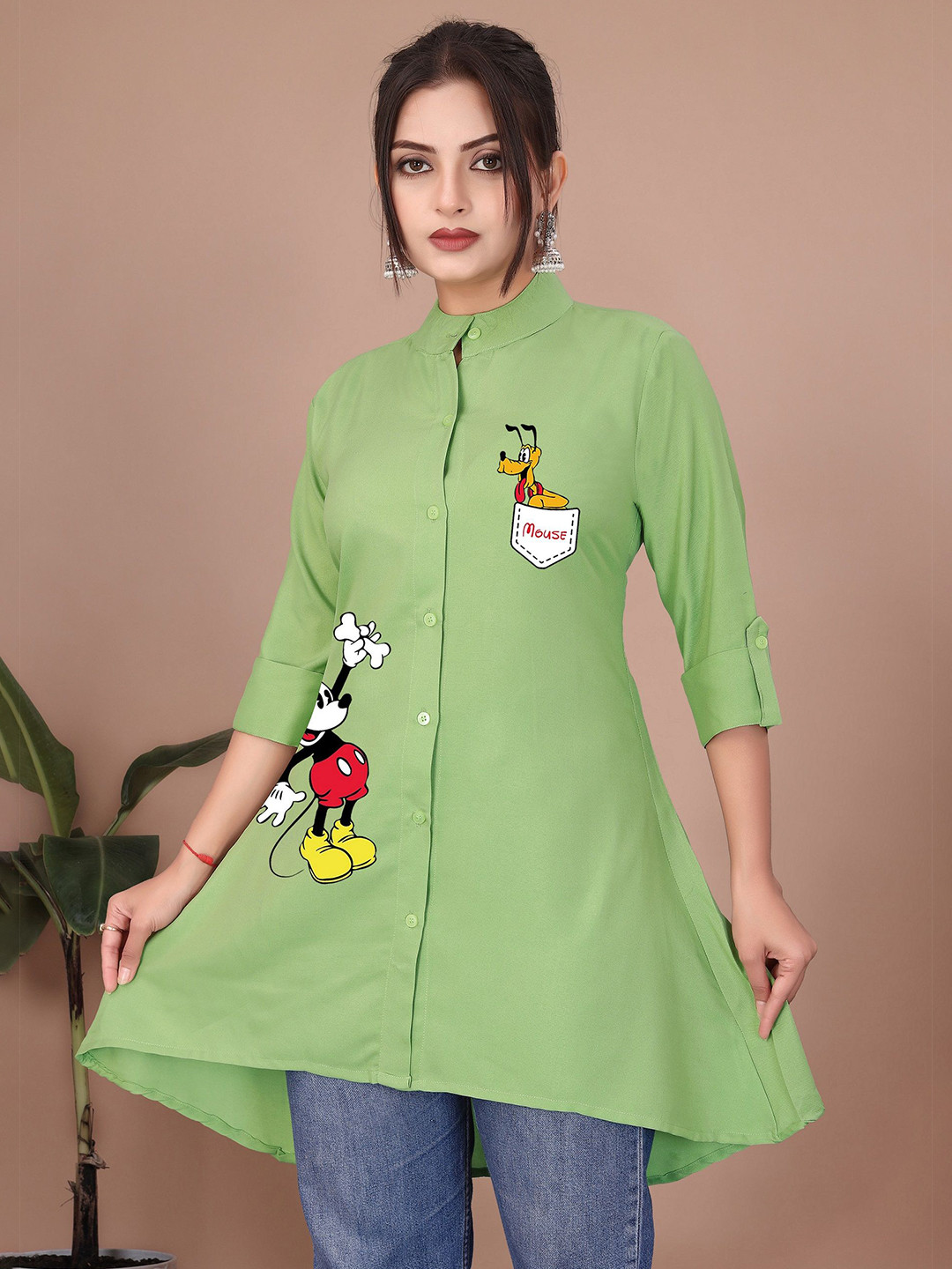 SHREEZON Women Graphic Printed Mandarin Collar Printed Tunic