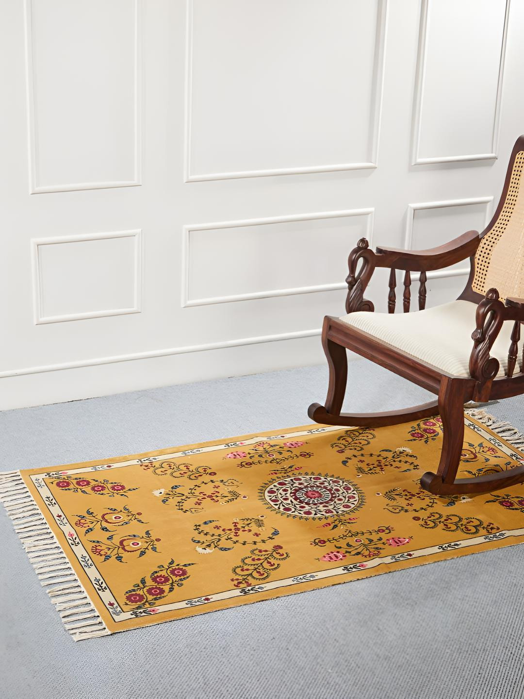 Fabindia Yanita Yellow & Red Ethnic Motifs Printed Cotton Dhurrie