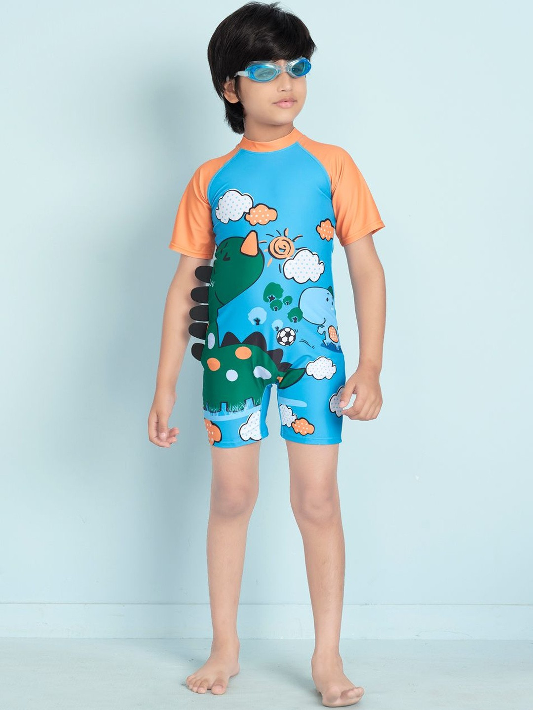 Muhuratam Boys Sports Wear Turquoise Colour Cartoon Print Swim Suit