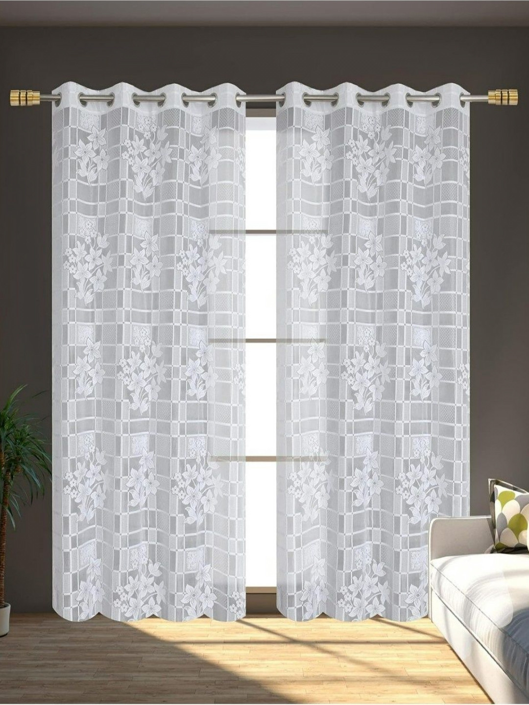 UrbanArts White 2 Pieces Embroidered Sheer Window Curtains