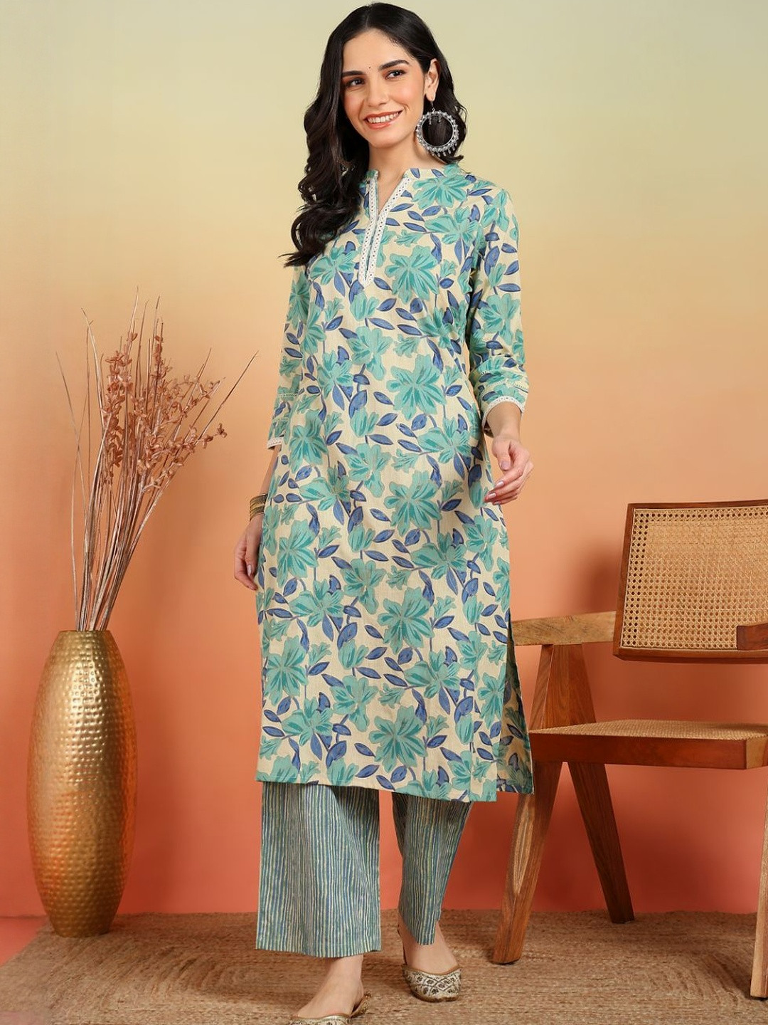 KALINI Women Ethnic Motifs Printed Regular Fitted Mirror Work Straight Kurta With Pant