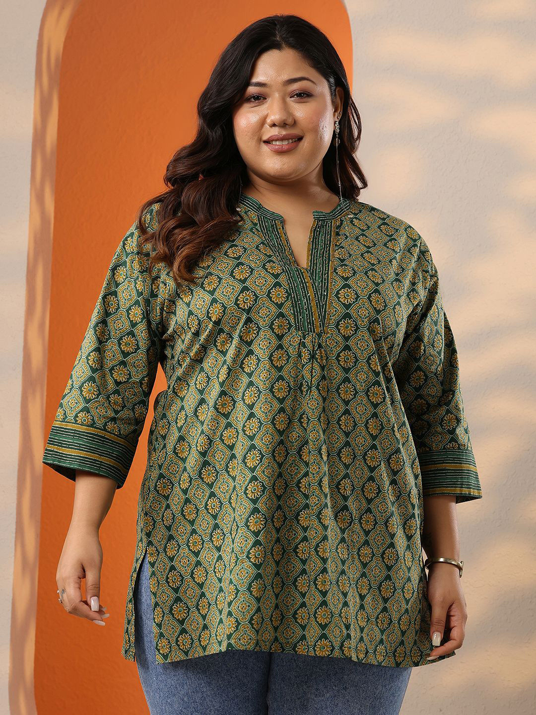 EXTRA LOVE BY LIBAS Plus Size Ajrakh Printed Mandarin Collar Pleated Kurti