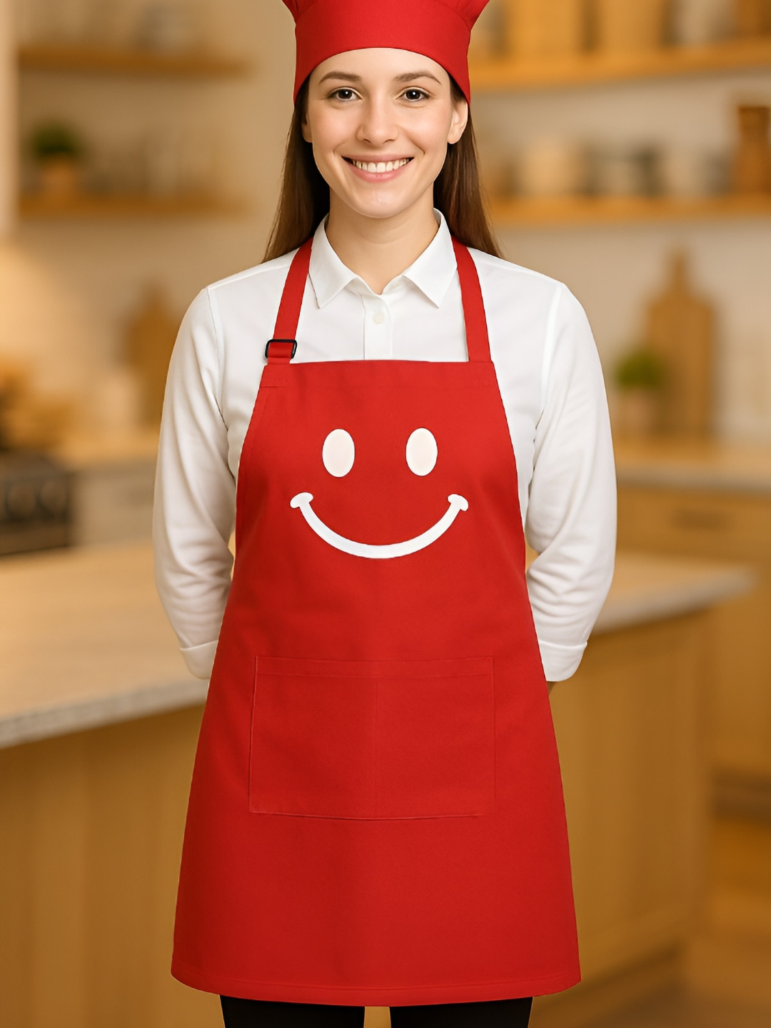 SWITCHON Red And White Printed Waterproof Cotton Apron & Hat