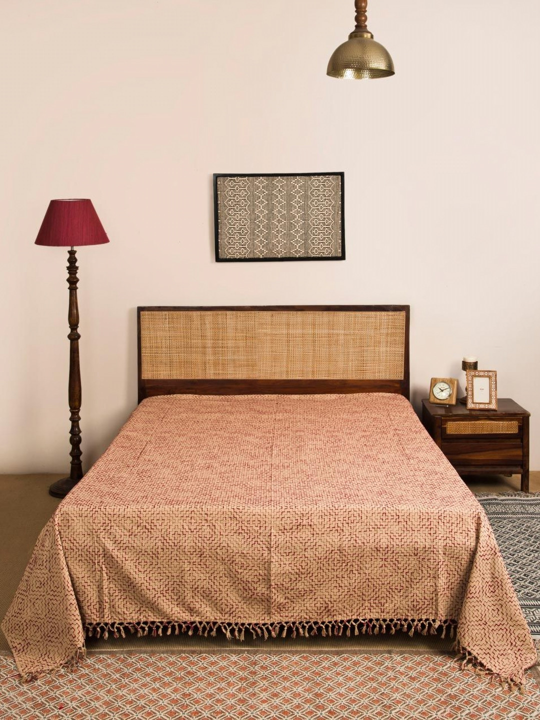 Fabindia Beige & Red Binal Woven Cotton Double Queen Bed Cover