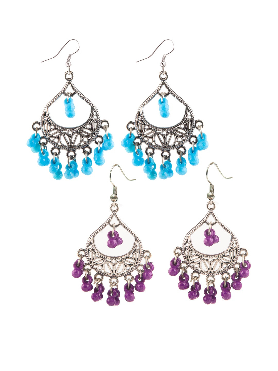 Set of 2 Oxidized Silver-Toned Chandbali Earrings with Sky Blue & Purple Beads & Girls