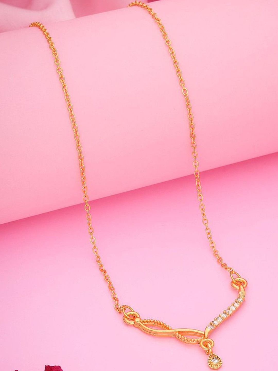 American Diamond Gold Plated Necklace Golden Chain Round Pendant for Women and Girls