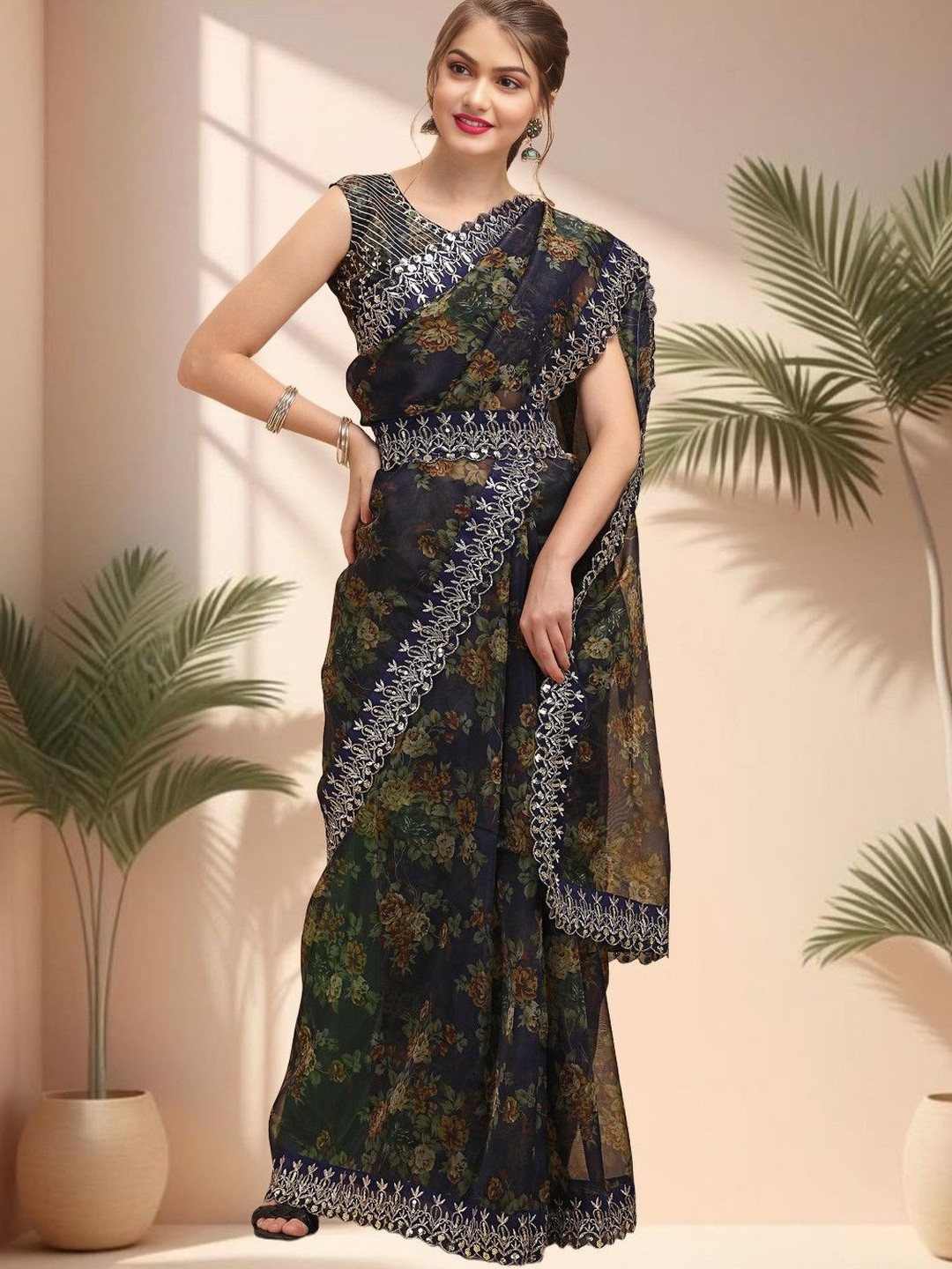 Sangria Floral Printed Embroidered Sequinned Organza Jimmichu Saree with Blouse & Belt