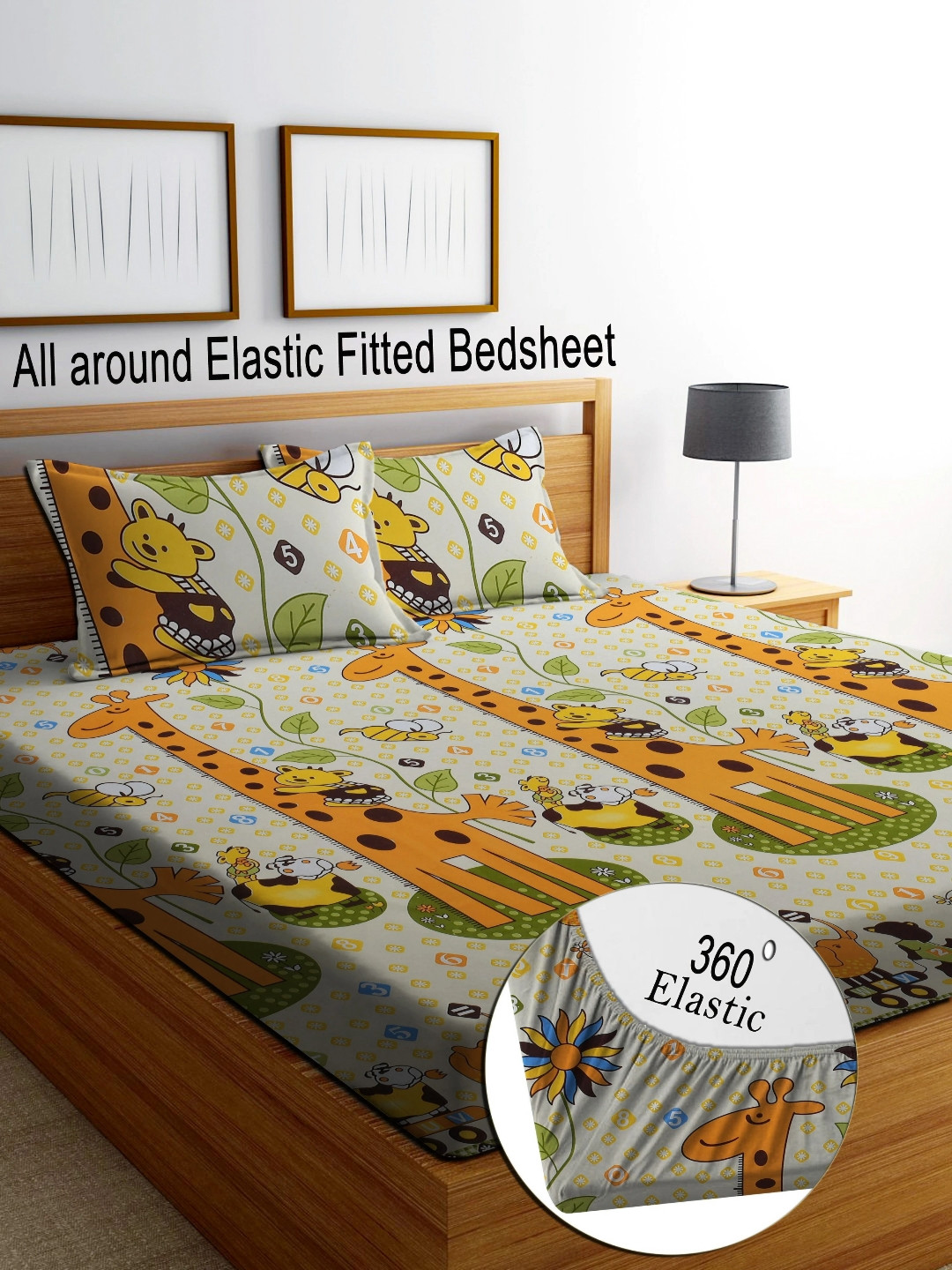 RISING STAR Yellow Cartoon Characters Printed 350 TC King Bedsheet With 2 Pillow Covers