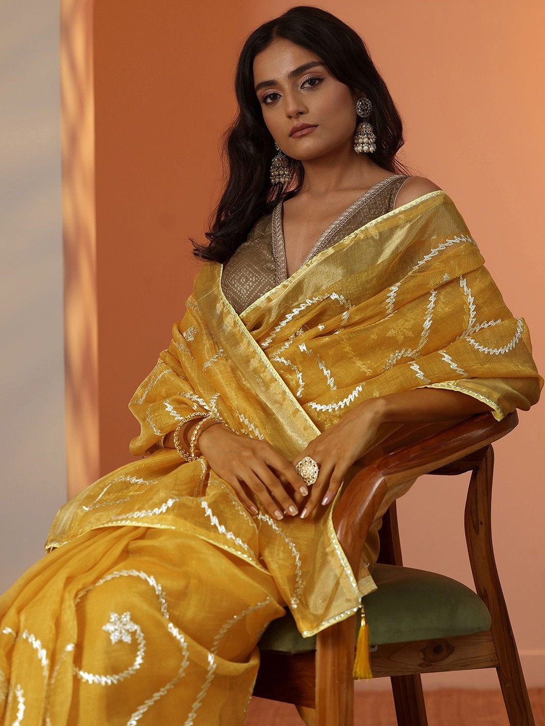 Libas Yellow Embellished Nylon Saree With Unstitched Blouse Piece