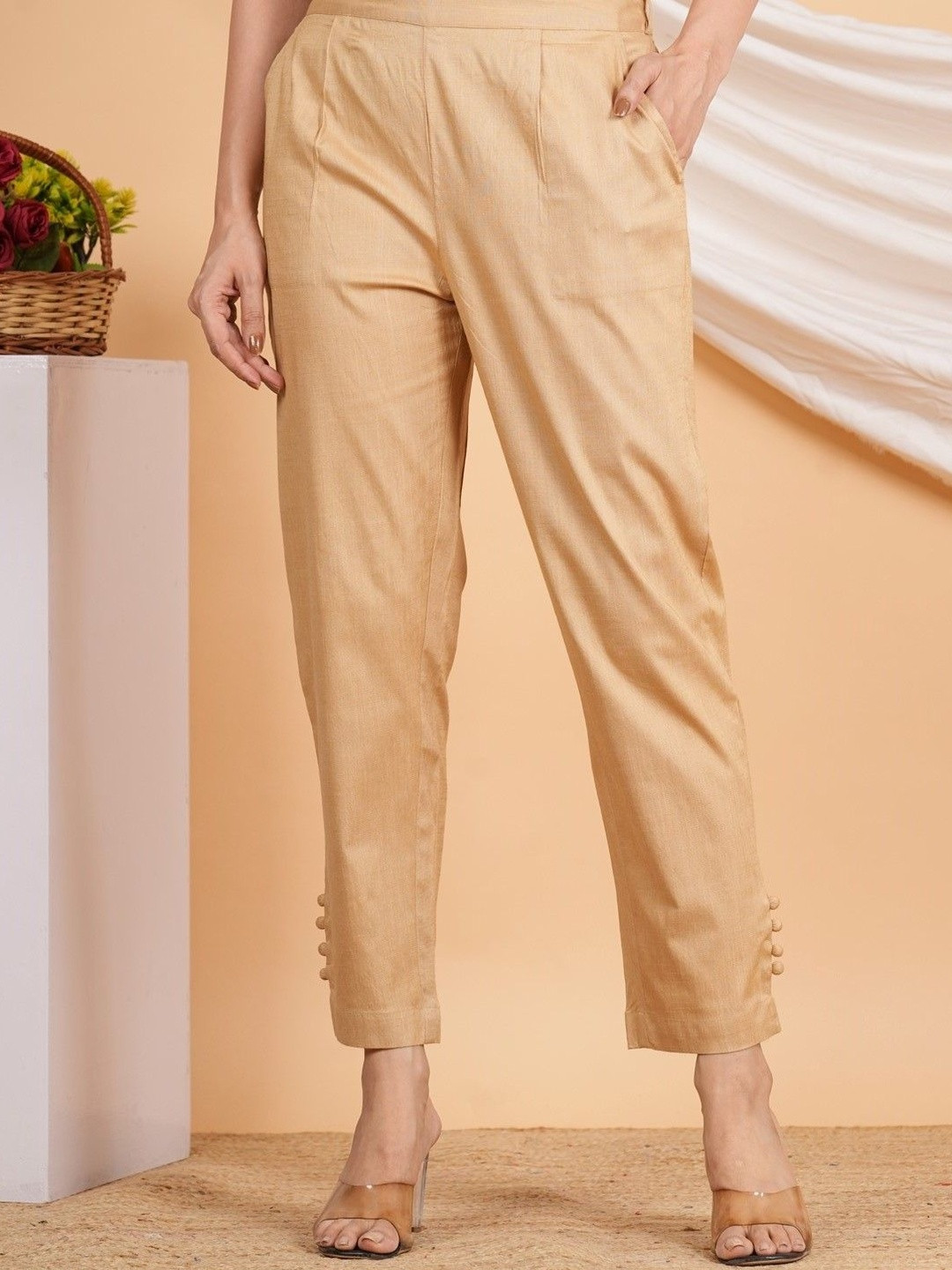 KALINI Women's Beige Lycra Trouser (Beige)