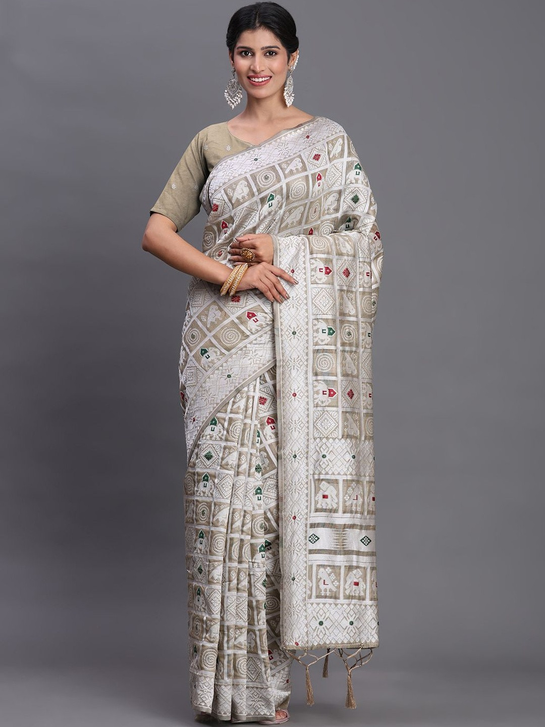 Beige Linen Cotton Weaving Saree With Matching Blouse Piece