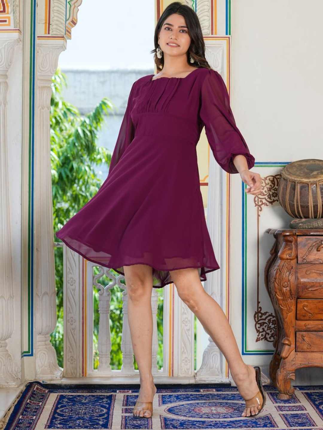 KALINI Women's Wine Fited Georgette Anarkali Dress (Wine)