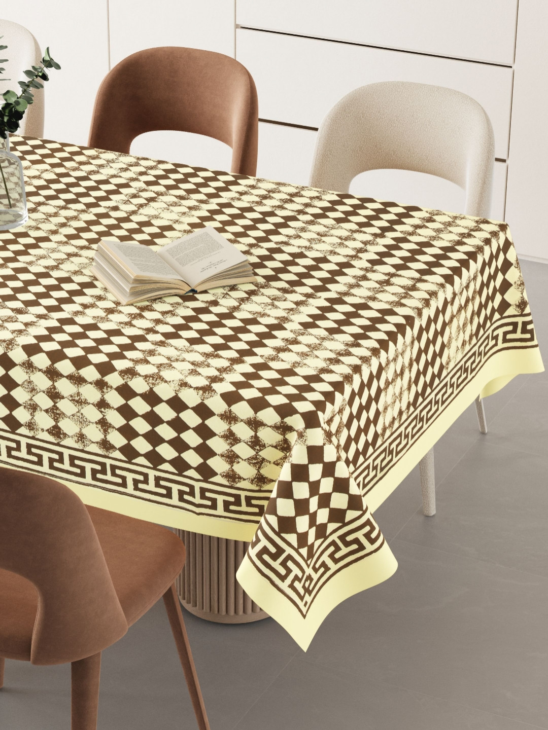 LIVING ROOTS Cream Colored & Brown Geometric Printed Pure Cotton 6-Seater Table Cover