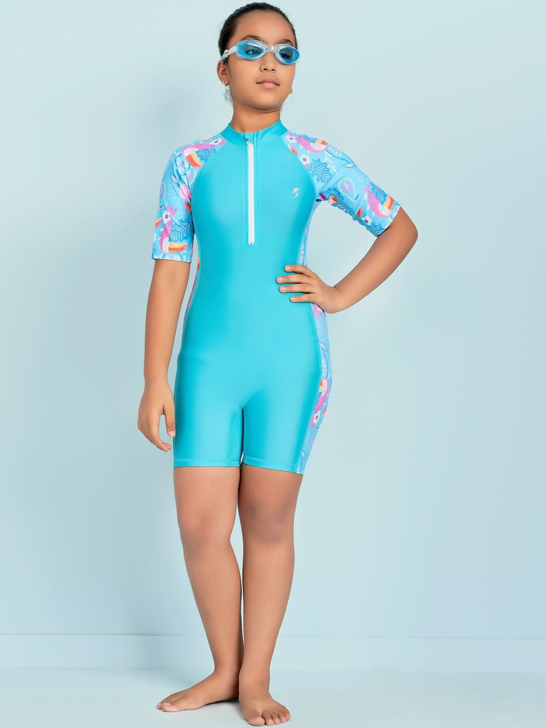 Muhuratam Girls Floral Print Nylon Short Sleeves Swim Suit With Goggles