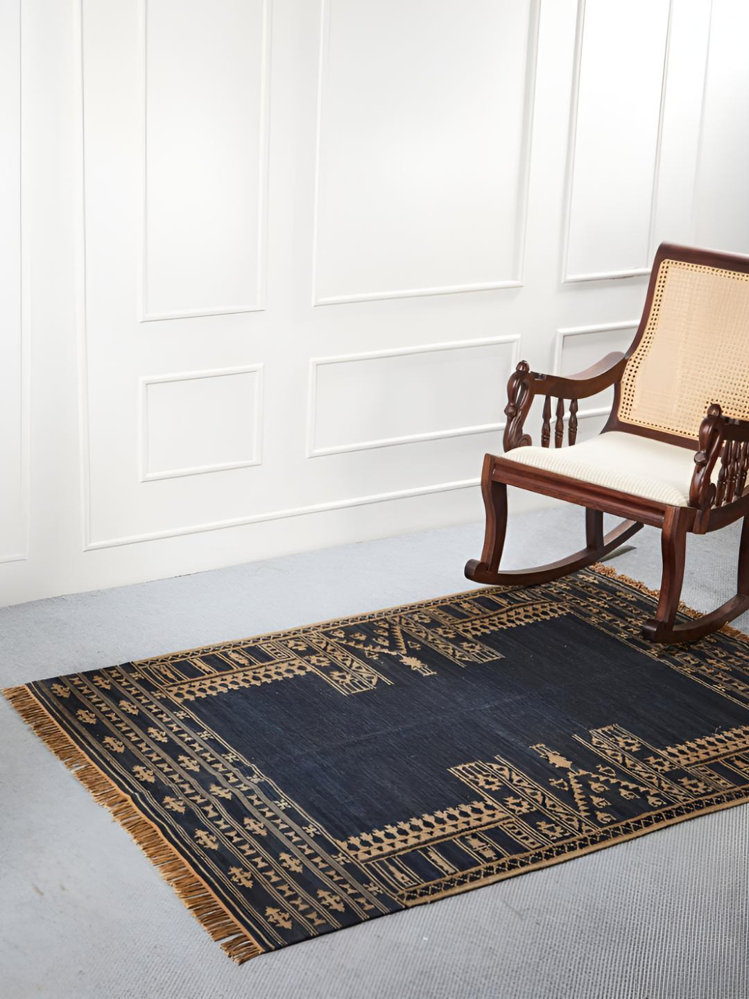 Fabindia Fariha Blue & Beige Printed Woolen Dhurrie