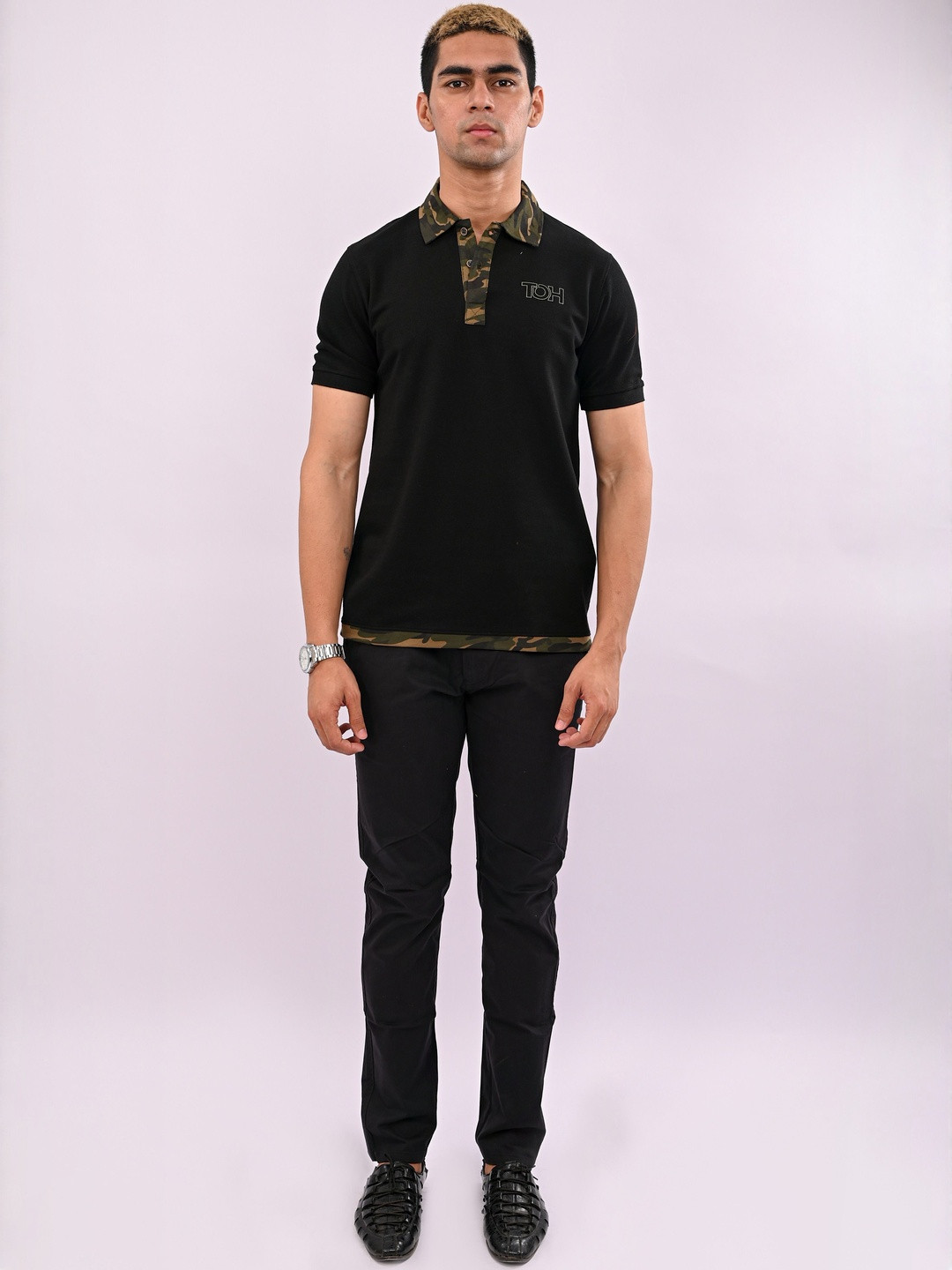 THREADS OF HARMAN Men Printed Polo Collar Slim Fit T-shirt