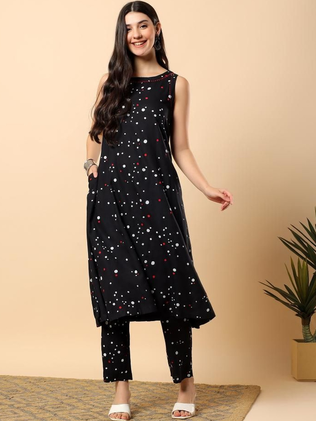Black Rayon Printed & Hand Embroidery Work Kurta With Trousers Set