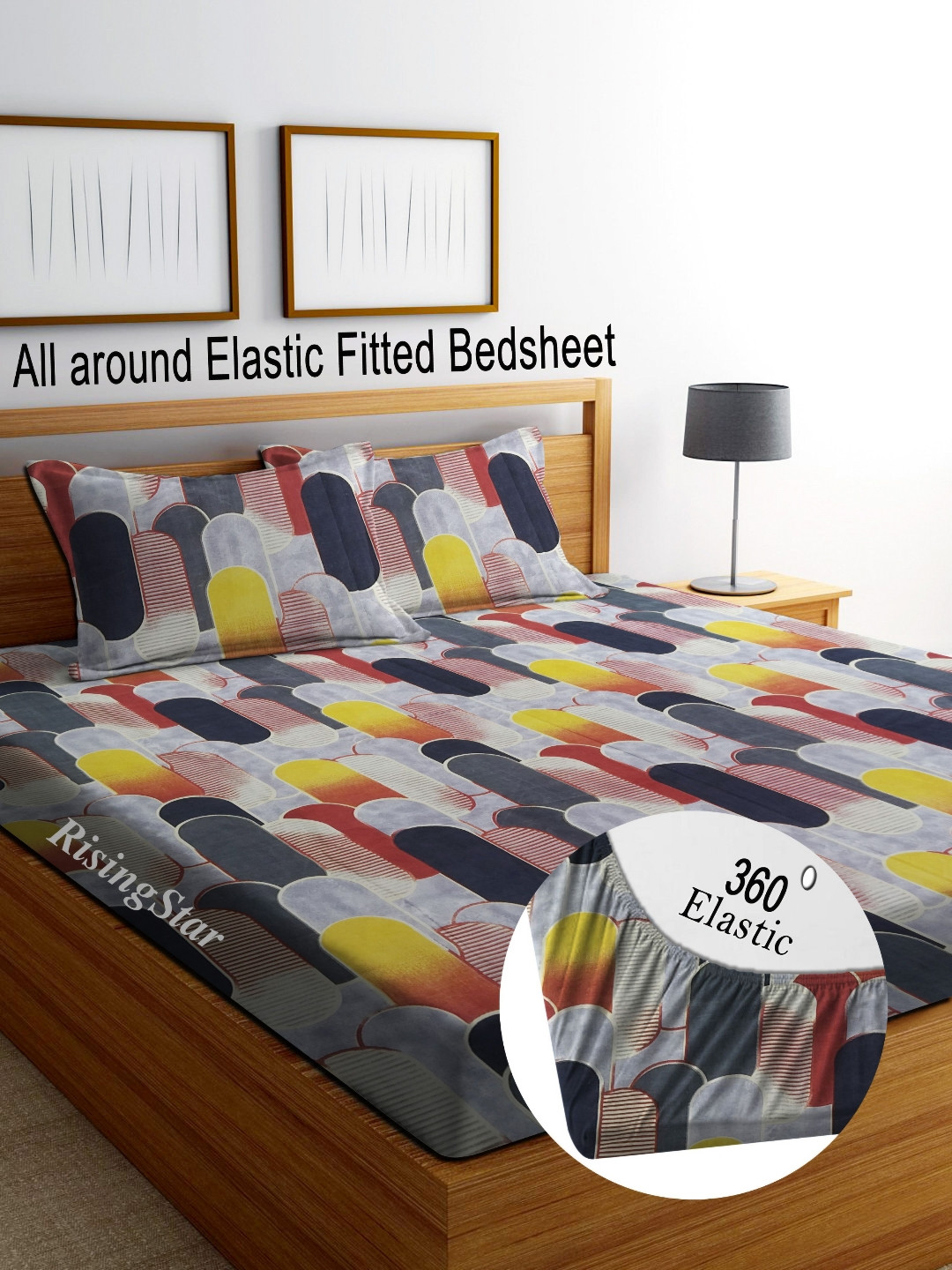 RISING STAR Grey & Maroon Striped 250 TC King Bedsheet With 2 Pillow Covers