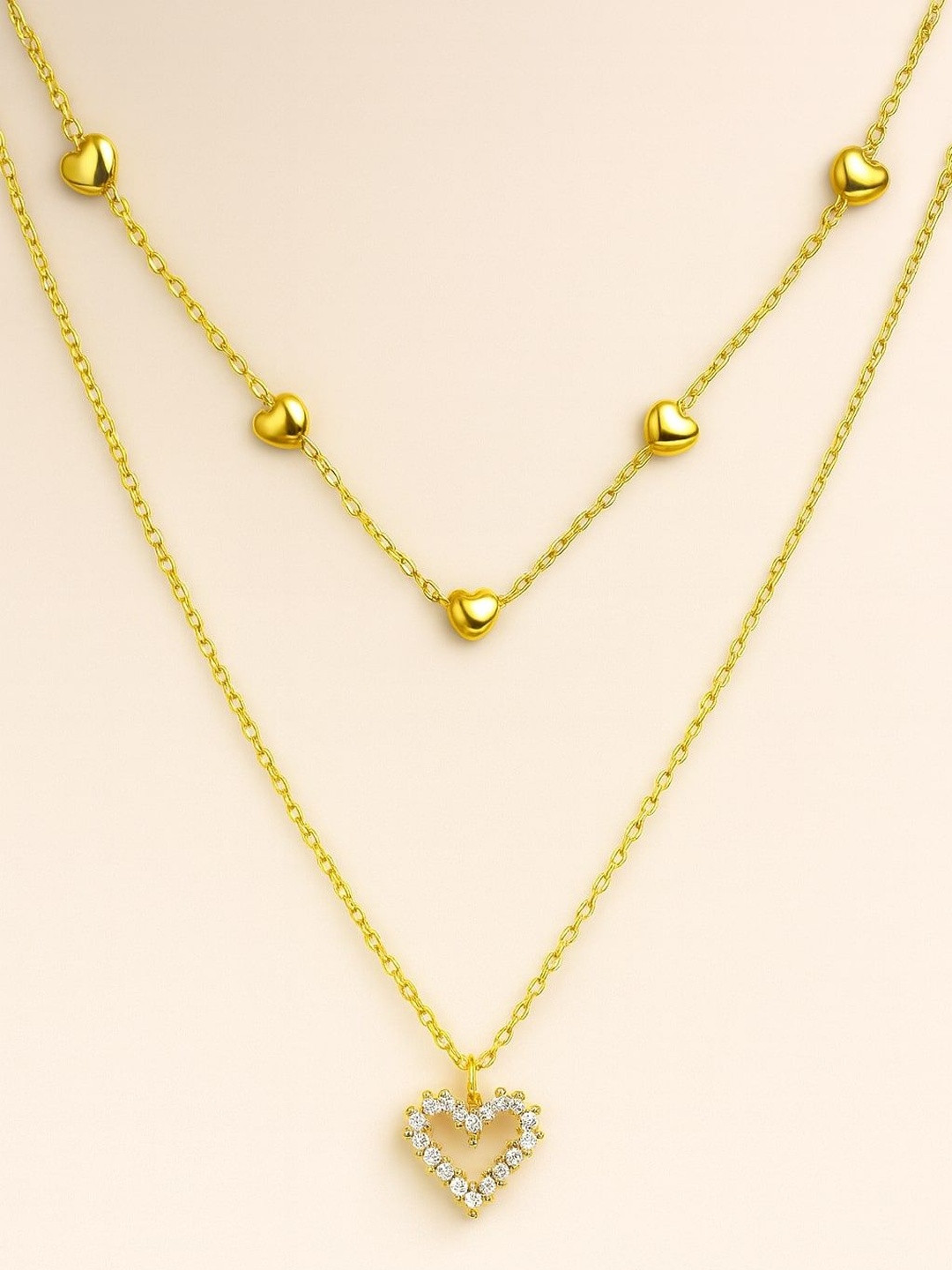 18K Gold Plated Double Layer Necklace with Heart Pendant & Crystal Accents for Women
