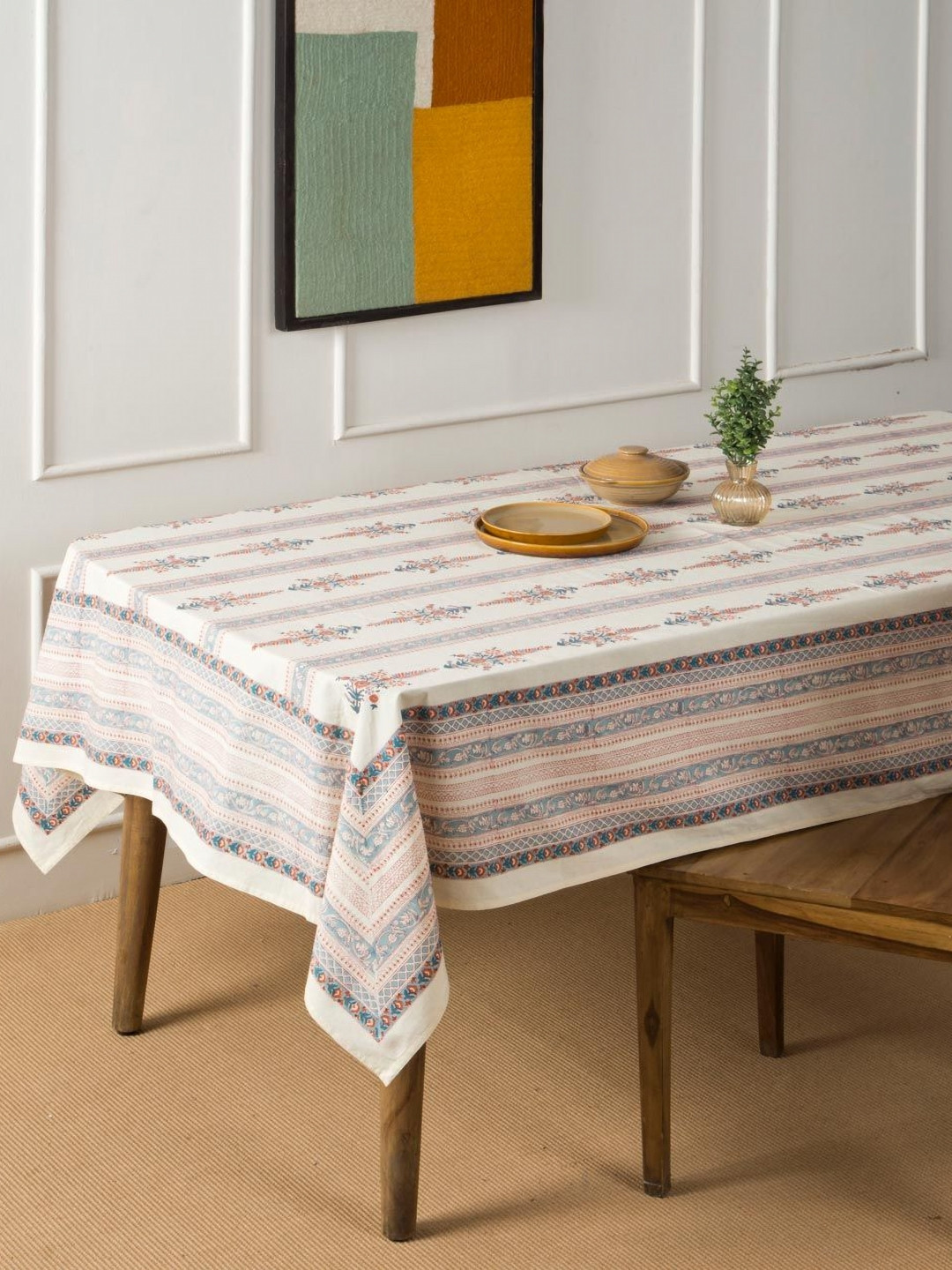 Fabindia Nafisa Cream-Coloured & Blue Ethnic Motifs Cotton 6-Seater Table Cover