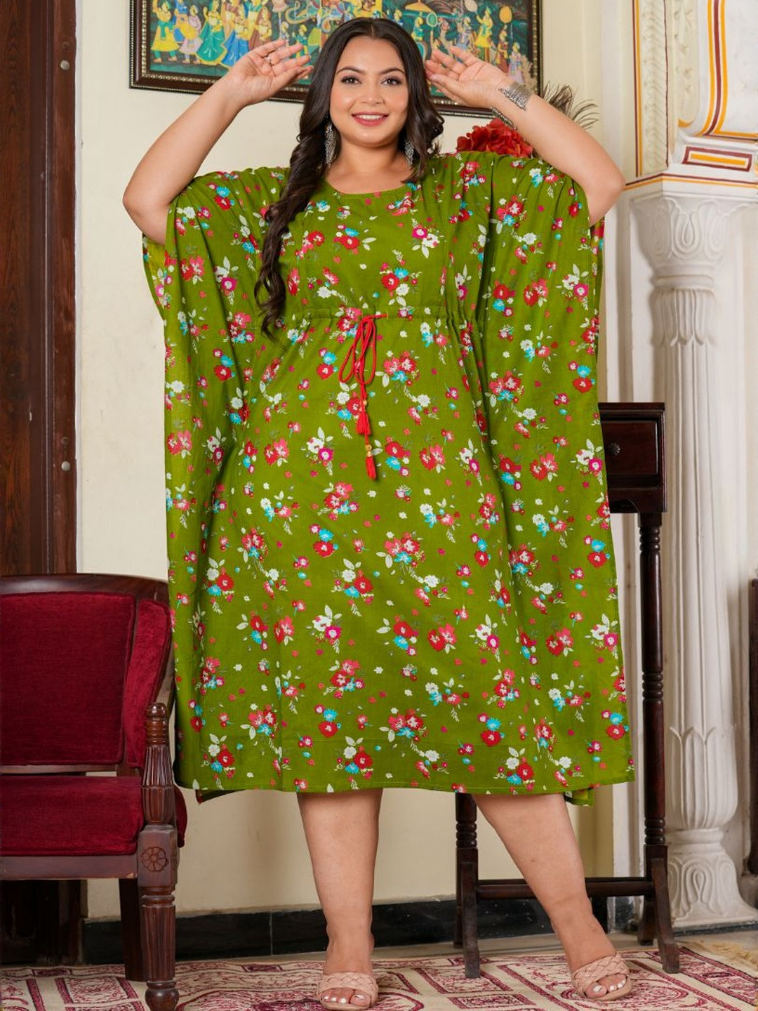 KALINI Women Plus Size Floral Print Batwing Sleeve Kaftan Midi Dress