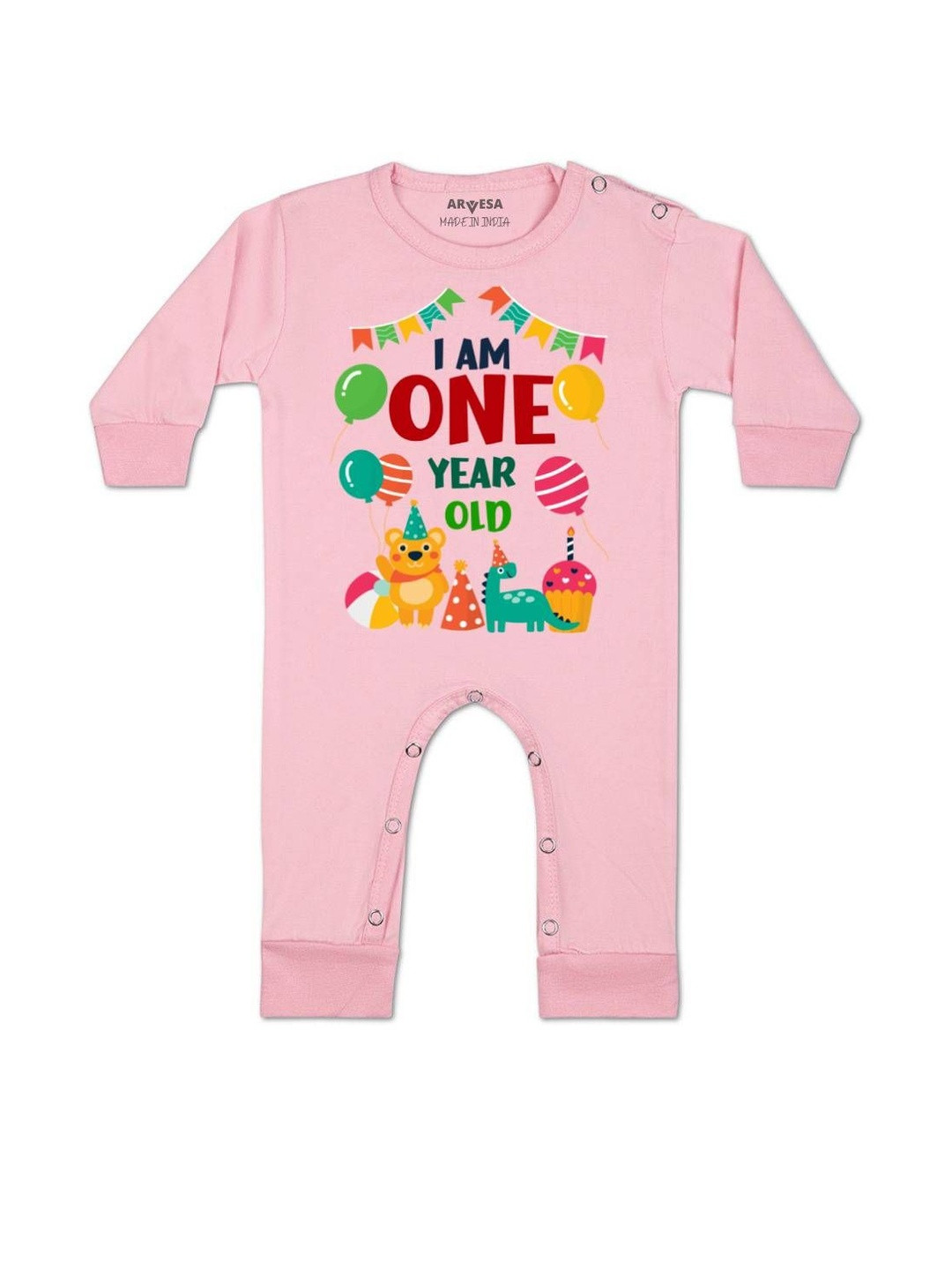 Arvesa Kids One Year Birthday Printed Round Neck Cotton Romper