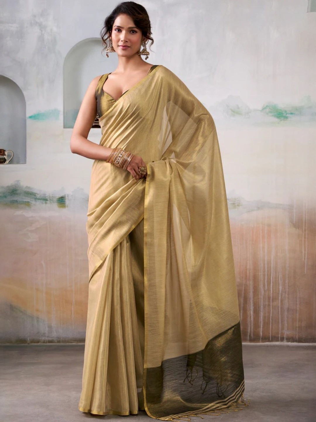 KALINI Colourblocked Zari Tissue Saree With Contrast Blouse Piece